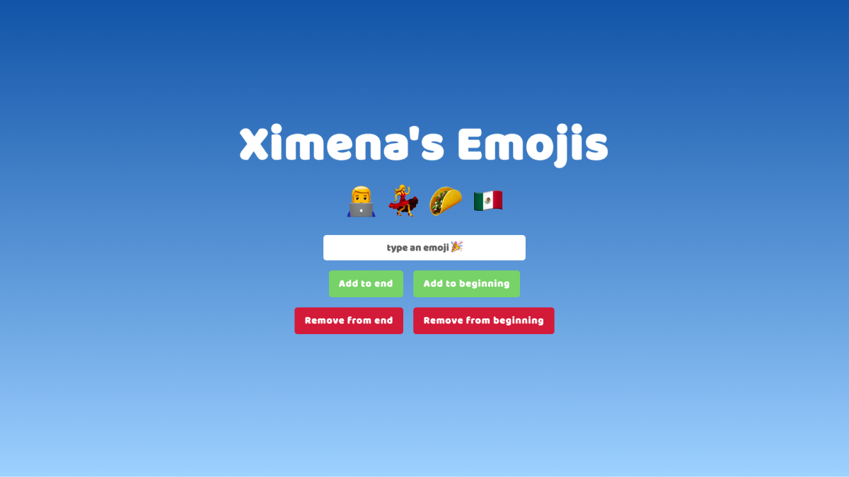 Ximena's Emoji App screenshot showing a series of emojis. Below an input bar with buttons to add and remove enojis.